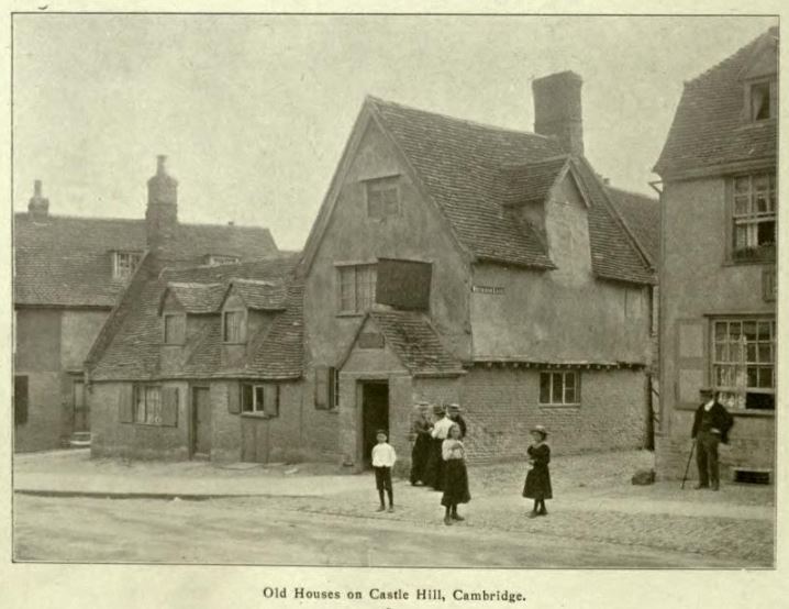 1890s photograph of old houses on Castle Hill, Cambridge - Mackennel (1920)